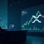 Analyst at a sleek desk with XRP logo on screen, price chart showing an inverse head-and-shoulders pattern.