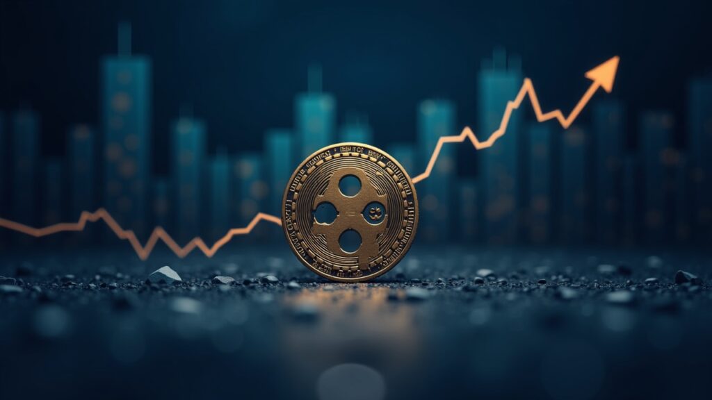 Photorealistic XRP coin breaks a downward trend line with rising institutional charts and regulatory imagery.