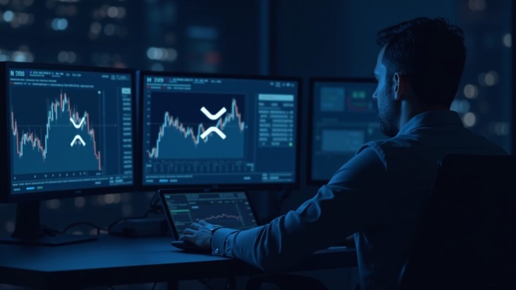 Photorealistic crypto newsroom header: trader at a sleek desk with XRP near 1.88 and rising derivatives open interest, and a digital market backdrop.
