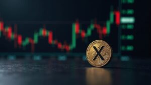 Photoreal XRP coin in foreground over a dark financial chart with price under $2 and a highlighted $2.41 wall.