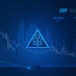 XRP logo above a descending triangle on a price chart with on-chain data visuals and ETF outflow arrows under blue lighting.