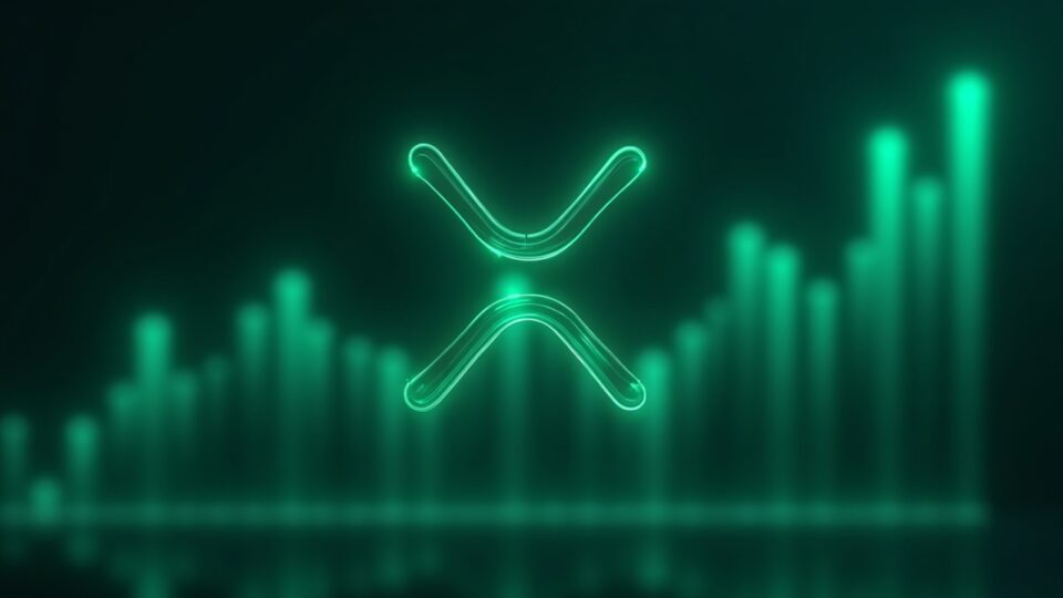 XRP at center with rising green price chart, tall volume bars, and glowing lines signaling institutional ETF inflows.