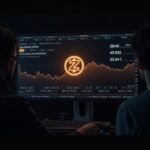 Fotorrealistic trader in a sleek studio with HUD chart of Zcash showing levels 359, 450, 559 and a central ZEC logo.