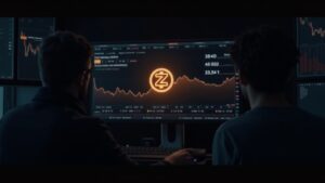 Fotorrealistic trader in a sleek studio with HUD chart of Zcash showing levels 359, 450, 559 and a central ZEC logo.