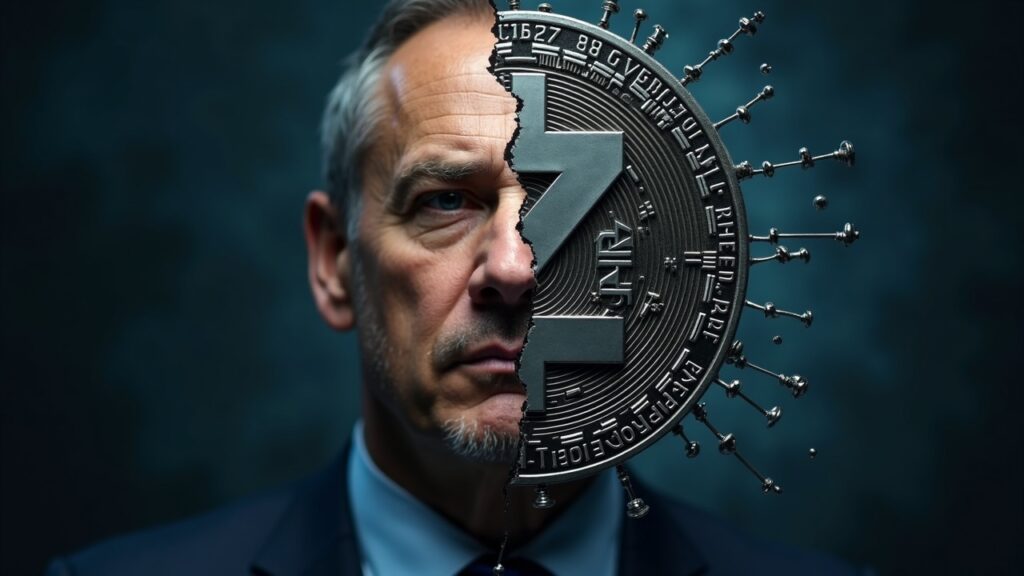 Photorealistic center portrait of a corporate leader before a fractured Zcash logo, with blockchain nodes in the background.