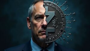 Photorealistic center portrait of a corporate leader before a fractured Zcash logo, with blockchain nodes in the background.