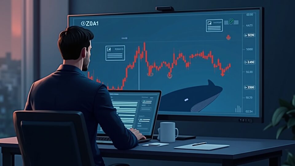 Photorealistic trader at a desk with a ZEC price chart showing head-and-shoulders, red arrows, and a whale silhouette.