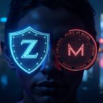 Split-screen portrait: Zcash shielded vault icon contrasts with Monero ring signature veil against a neon futuristic city backdrop.