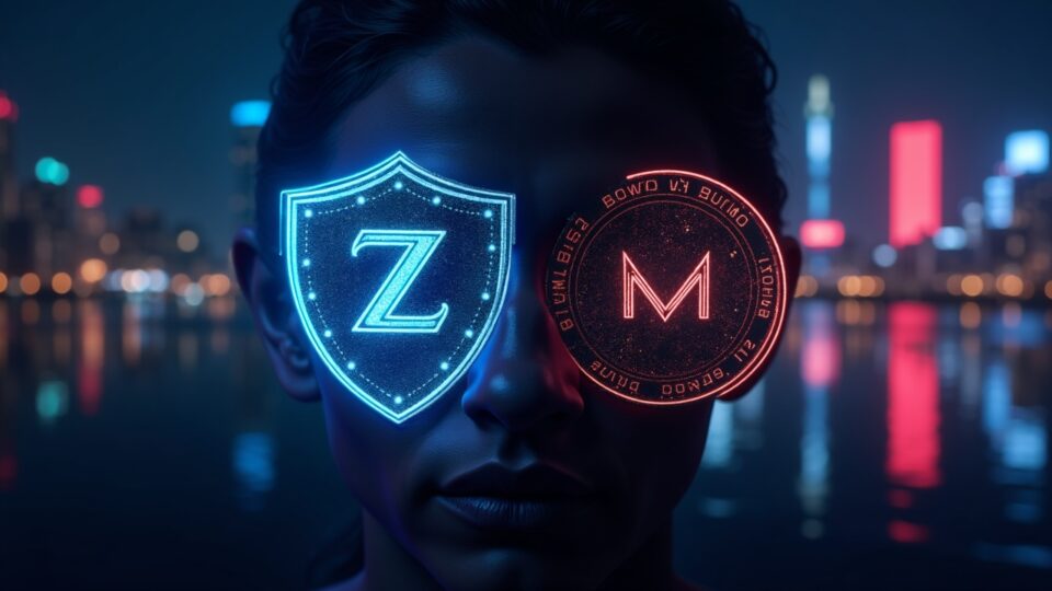 Split-screen portrait: Zcash shielded vault icon contrasts with Monero ring signature veil against a neon futuristic city backdrop.