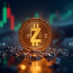 Close-up of a glowing ZEC coin with a chart showing a $300 line and whale silhouettes, signaling uncertainty.