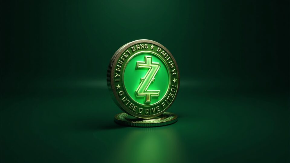 Photorealistic Zcash coin centered with a green check glow, SEC seal fading in a newsroom backdrop.