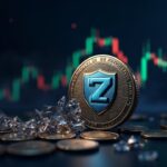 Photorealistic header: Zcash shield dissolving into transparent coins over a price chart showing a price drop.