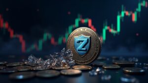 Photorealistic header: Zcash shield dissolving into transparent coins over a price chart showing a price drop.