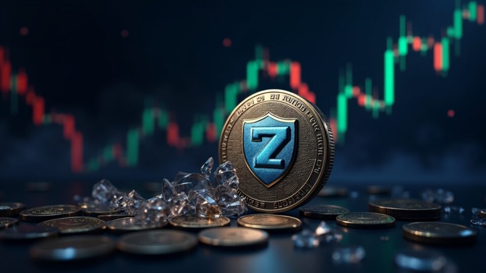Photorealistic header: Zcash shield dissolving into transparent coins over a price chart showing a price drop.