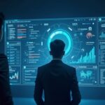 Photorealistic scene: tech executive before a holographic Aave dashboard merging Avara and Family wallet into Aave App.