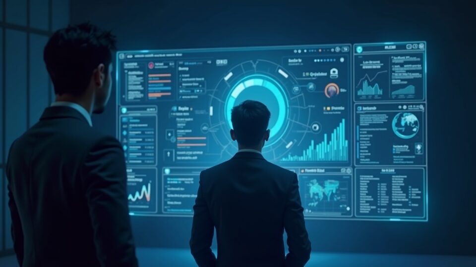 Photorealistic scene: tech executive before a holographic Aave dashboard merging Avara and Family wallet into Aave App.