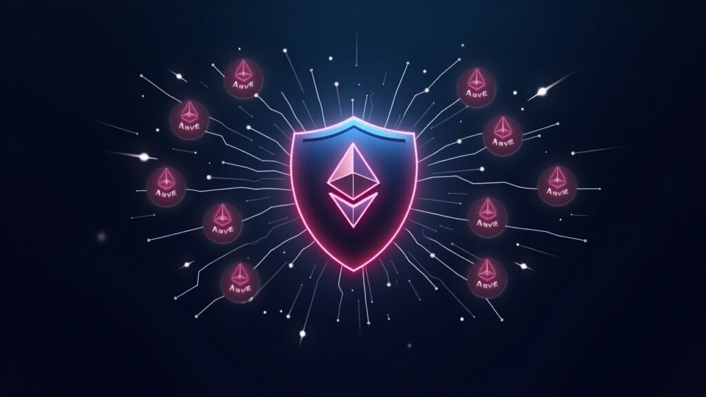 Photorealistic newsroom header: Aave shield absorbs ETH liquidations with glowing network lines and Ethereum logos.
