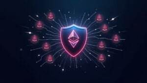 Photorealistic newsroom header: Aave shield absorbs ETH liquidations with glowing network lines and Ethereum logos.