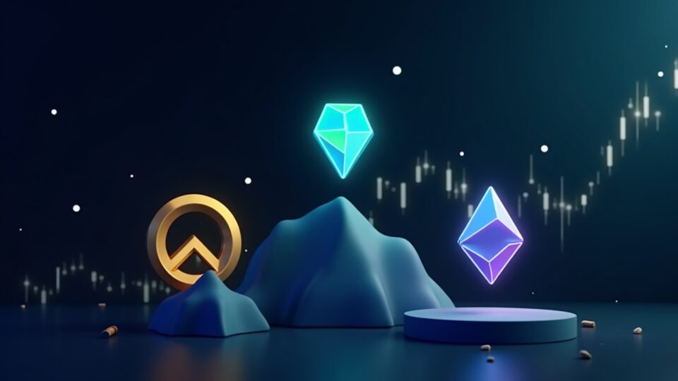 Three crypto icons: Decred rising near pivot, Polygon at new low with CMF signal, Optimism oversold on digital market backdrop.