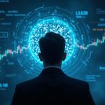 Center-shot of a tech executive facing a glowing AI interface as stock charts surge toward a 380B valuation, with a regulator badge.