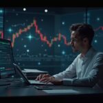 Photorealistic trading desk, focused analyst; holographic COIN fading, Bullish rising, and blockchain network backdrop.