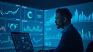 Photorealistic analyst in a modern newsroom reviewing holographic crypto charts and fintech graphs in cool blue tones.