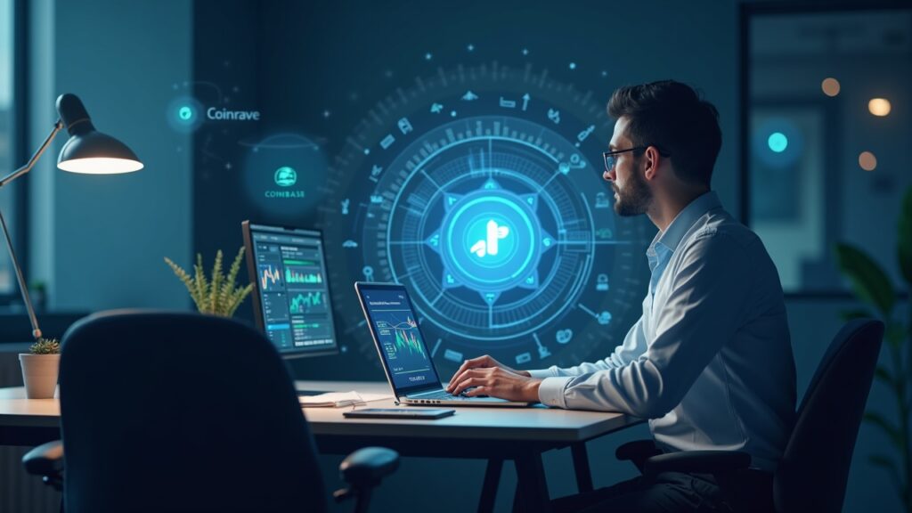 Photorealistic investor reviews crypto stock charts with Coinbase, Robinhood and CoreWeave holograms around token graphic.