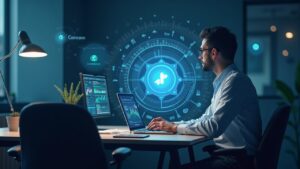 Photorealistic investor reviews crypto stock charts with Coinbase, Robinhood and CoreWeave holograms around token graphic.