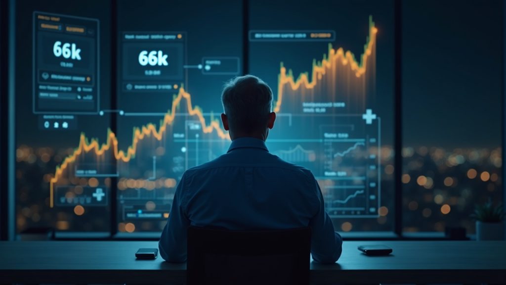 Photorealistic senior investor at a sleek desk with holographic Bitcoin under 66k and Robinhood tokenization rails.