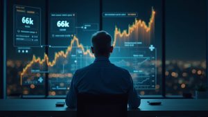 Photorealistic senior investor at a sleek desk with holographic Bitcoin under 66k and Robinhood tokenization rails.