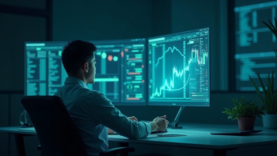 Photorealistic trader at desk with holographic on-chain order books; logo morphing from centralized to decentralized network.