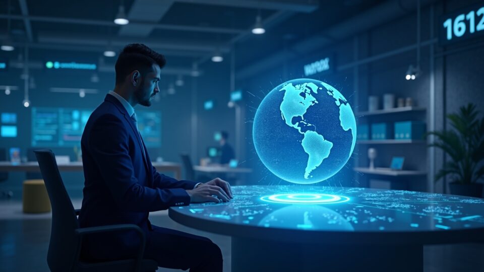 Photorealistic central figure at a console with holographic Aster layers and globe, signaling testnet live and Q1 2026 mainnet rollout.