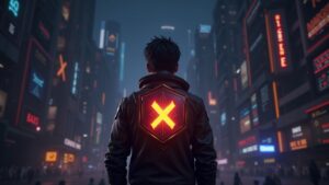 Photorealistic gamer with glowing Axie crest and bAXS shield amid blockchain code and in-game marketplaces