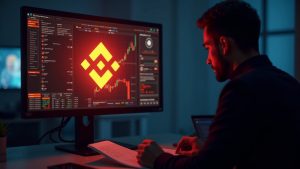 Photorealistic Binance logo on a glowing monitor with red alert, Tron-based USDT flows linked to Iran, and a shadowy compliance auditor