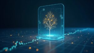 Binance logo over a transparent Merkle tree with streaming digital reserves into a balance sheet.