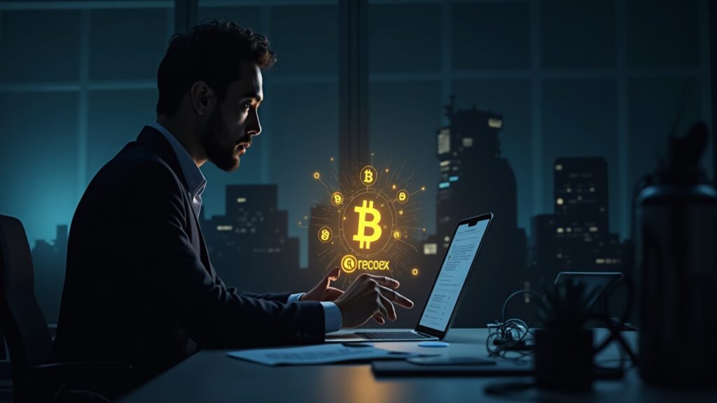 Crypto auditor at a desk with holographic ledger showing 101% bitcoin reserve and zk-proof icons, Binance silhouette.