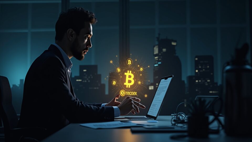 Crypto auditor at a desk with holographic ledger showing 101% bitcoin reserve and zk-proof icons, Binance silhouette.
