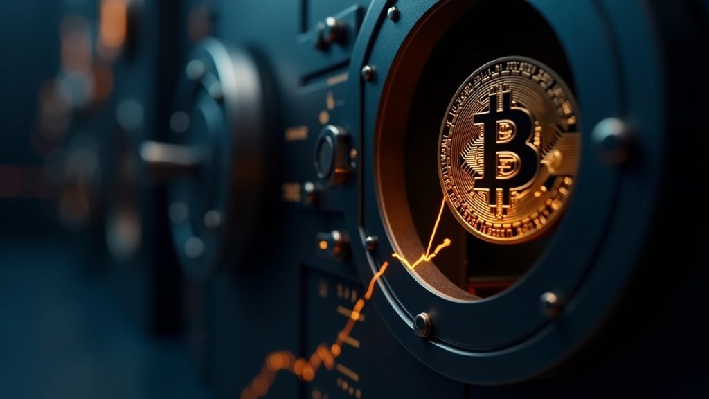 Photorealistic close-up of a Bitcoin coin rising from a high-tech vault, with bullish arrow and blurred exchange visuals.