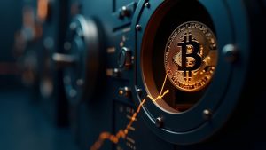 Photorealistic close-up of a Bitcoin coin rising from a high-tech vault, with bullish arrow and blurred exchange visuals.