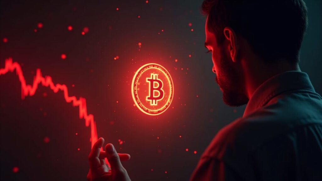 Photorealistic header: a trader faces a glowing Bitcoin hologram, with a downward red price chart and a fear overlay