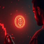 Photorealistic header: a trader faces a glowing Bitcoin hologram, with a downward red price chart and a fear overlay