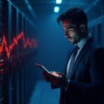 Photorealistic data center with bitcoin mining rigs, red stock charts, and a worried executive on a tablet as bitcoin falls.