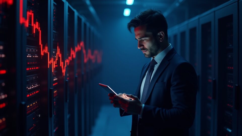 Photorealistic data center with bitcoin mining rigs, red stock charts, and a worried executive on a tablet as bitcoin falls.