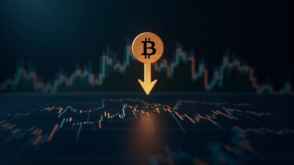 Bitcoin symbol centered with a downward arrow and tech stock charts on a dark newsroom background, illustrating crypto linked to equities