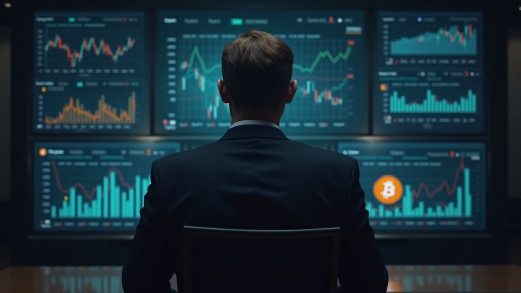 Photorealistic newsroom with a focused investor, moving BTC charts, and a subtle Bitcoin logo