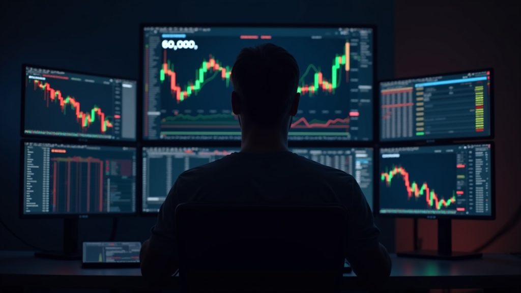 Photorealistic trader before monitors with Bitcoin chart near $60k, glowing 60k line and red liquidation cues.