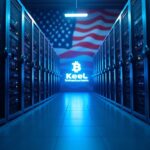 Photorealistic data center morphing from bitcoin mining rigs to AI/HPC servers with Keel branding, US flag and blue lighting.