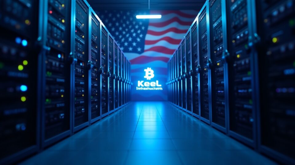 Photorealistic data center morphing from bitcoin mining rigs to AI/HPC servers with Keel branding, US flag and blue lighting.