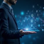 Fintech professional viewing a holographic multi-chain crypto trading dashboard, showcasing cross-chain liquidity and APIs