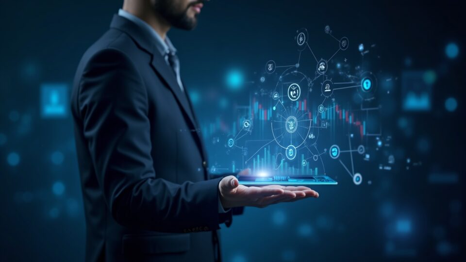 Fintech professional viewing a holographic multi-chain crypto trading dashboard, showcasing cross-chain liquidity and APIs